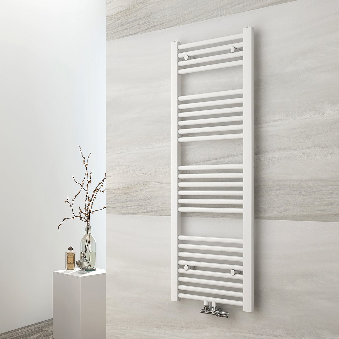 EMKE Grzejnik Łazienkowy Wodny - Okrągłe Profile Biały Połysk - Podłączenie Dolne - 427 W, 1200 x 400 mm