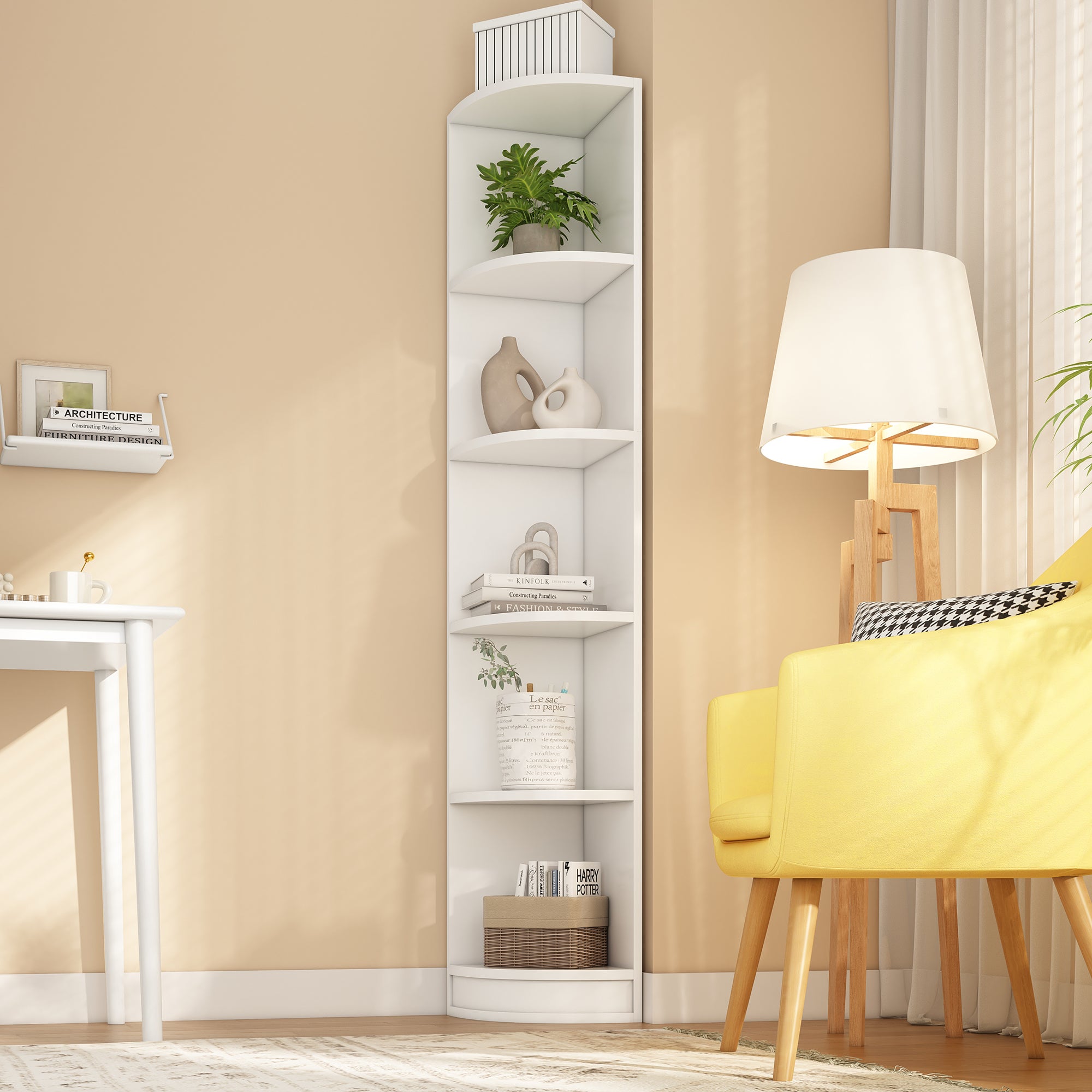 IRONCK Libreria alta stretta a 8 ripiani, compatta ad angolo, facile da abbinare per soggiorno, ufficio, studio, camera da letto