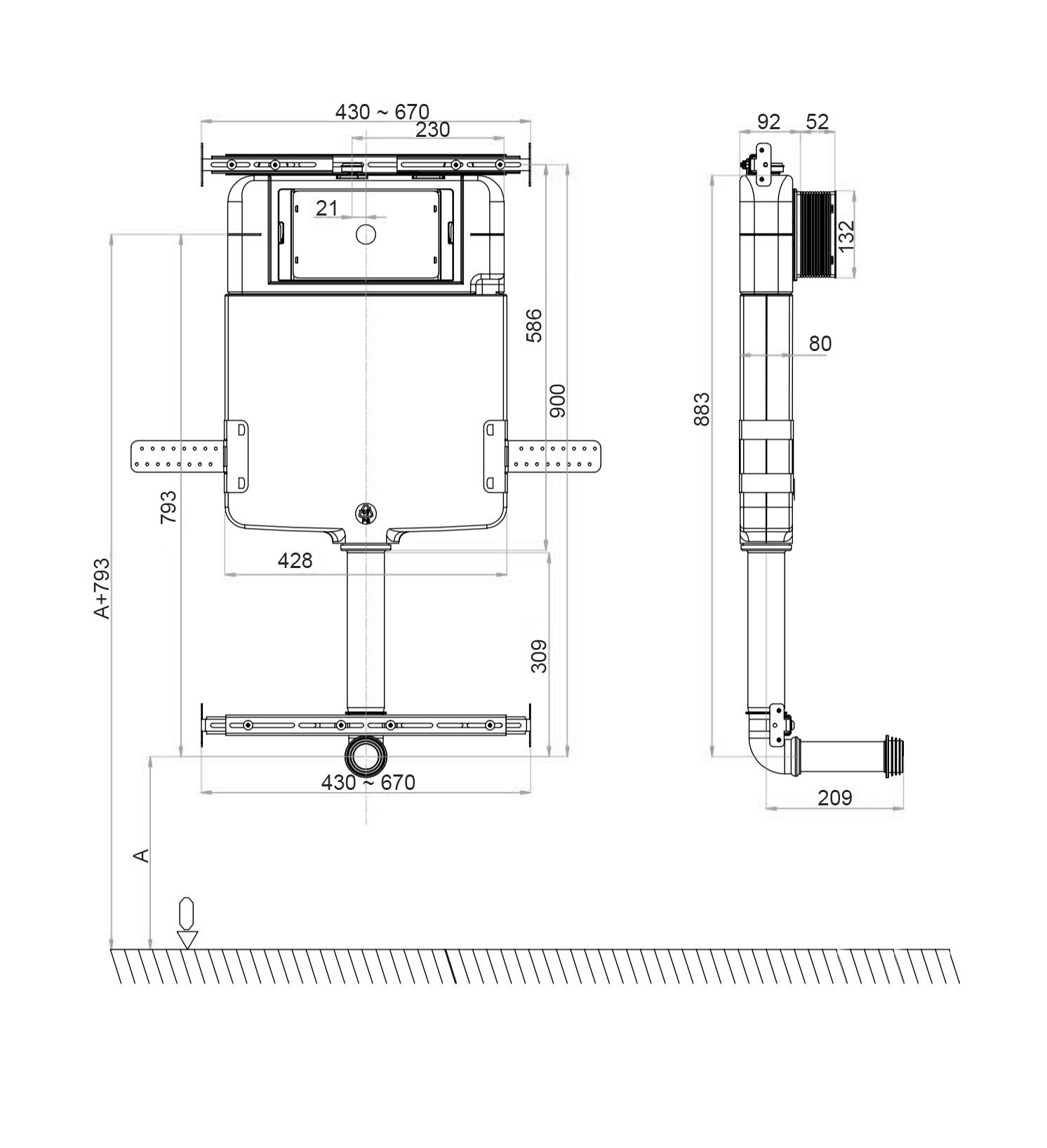 Réservoir caché compléte pour cuvette au sol avec plaque de commande en acier inoxydable double bouton - 5