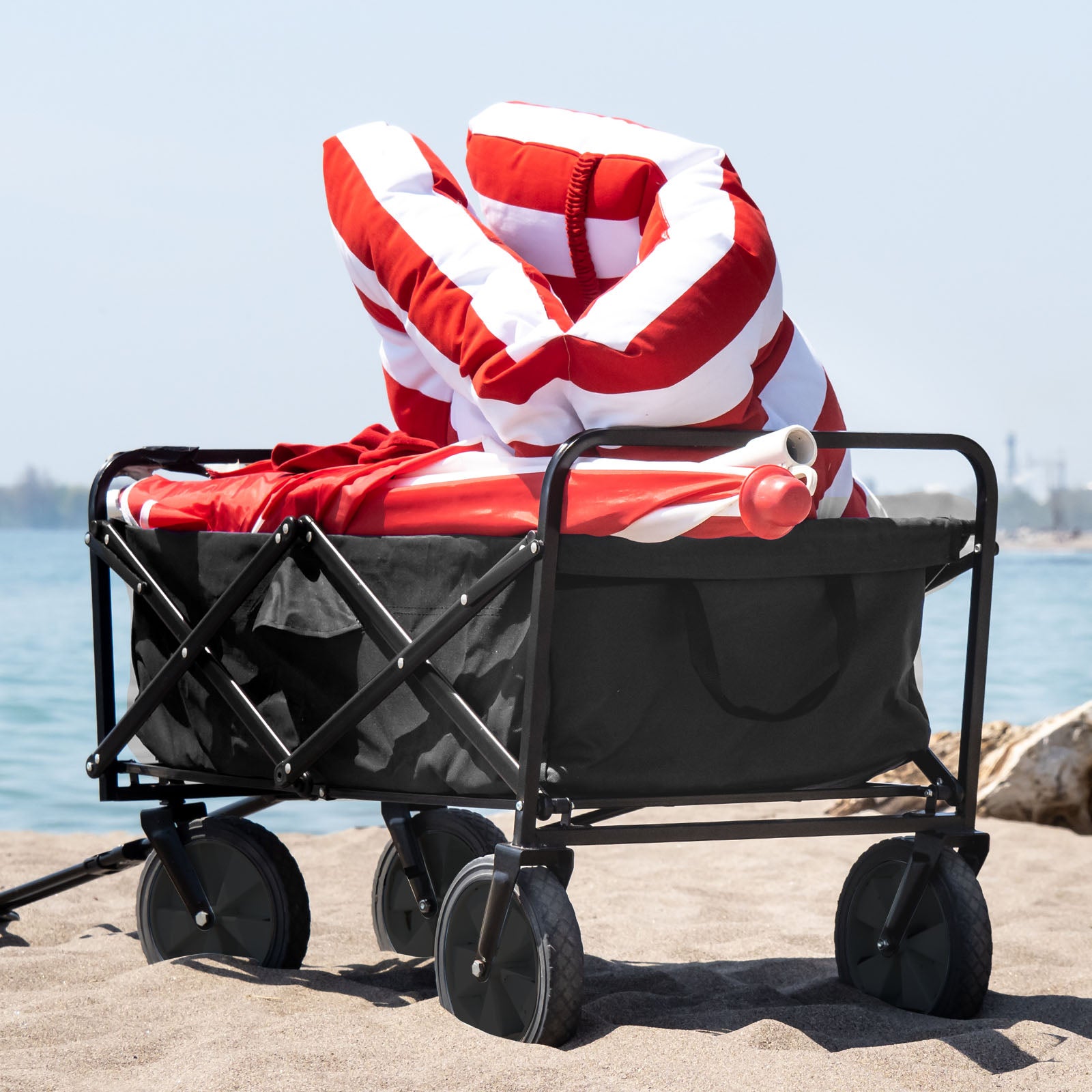 Chariot de transport Enfant Noir Pliable 100 kg avec Roulettes 1020x505x1010 mm Tout-terrain Transport Outils Plage Jardin Excursion… Toboli - 2