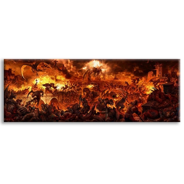 Demonios, dragones y caballeros - impresión en lienzo montada en bastidor de madera - batalla infernal 200x100 cm