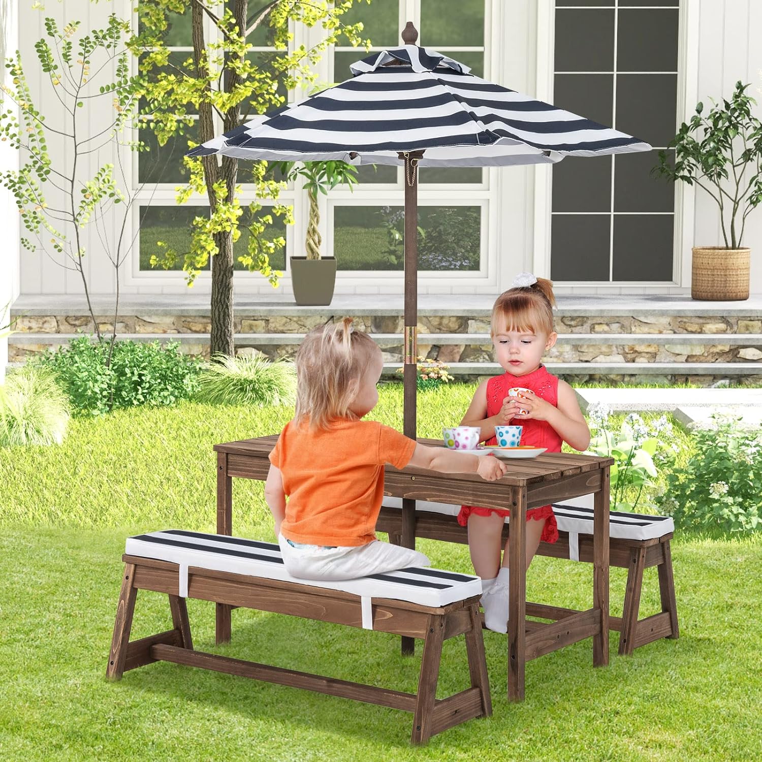 Mesa infantil de exterior, mesa de picnic infantil con sombrilla, mesa y banco de jardín, muebles de madera para 1-4 niños (azul) - 2