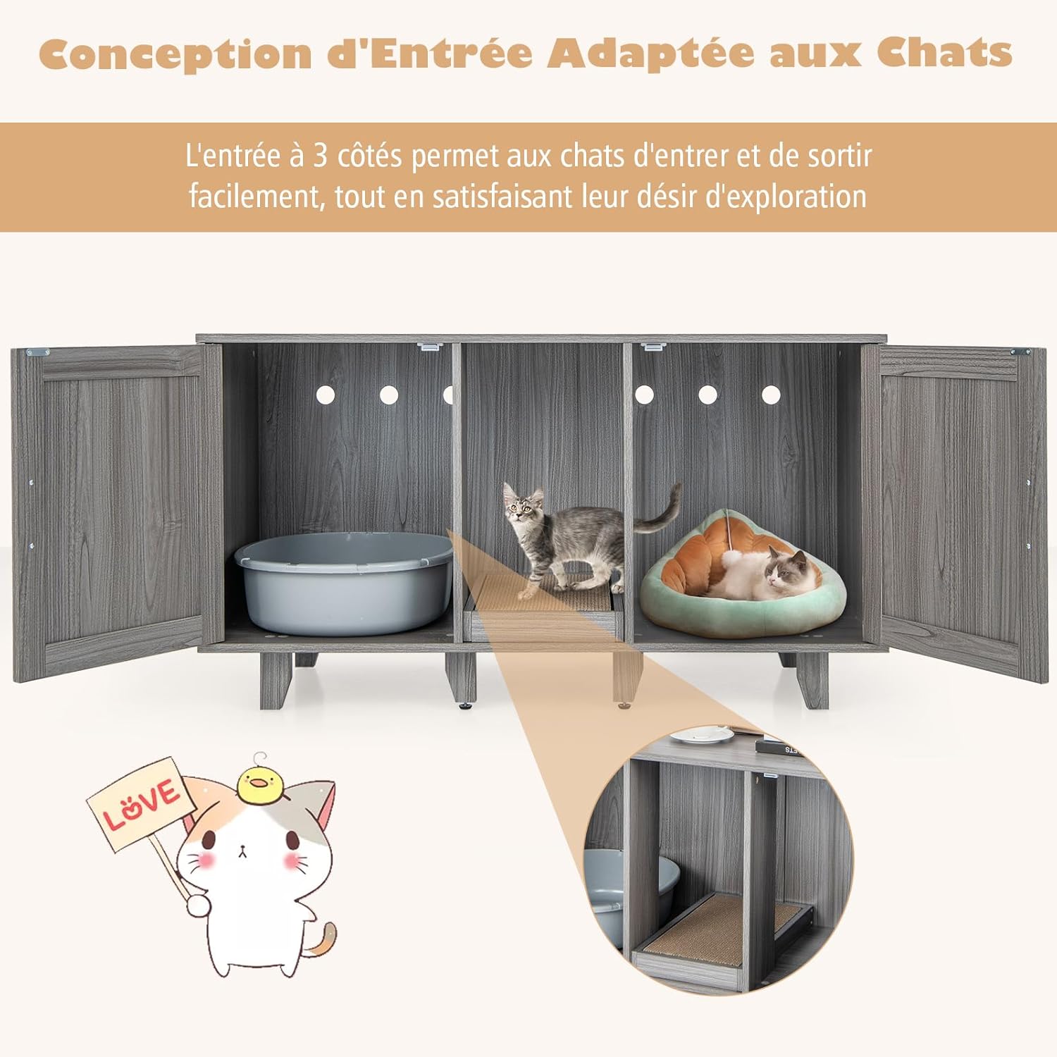 Caixa de Areia para Gatos 3 em 1, Móvel para Gatos com 2 Portas, Pernas Removíveis e Arranhador Removível Placa, Casa Interior para 2 Gatos - 6
