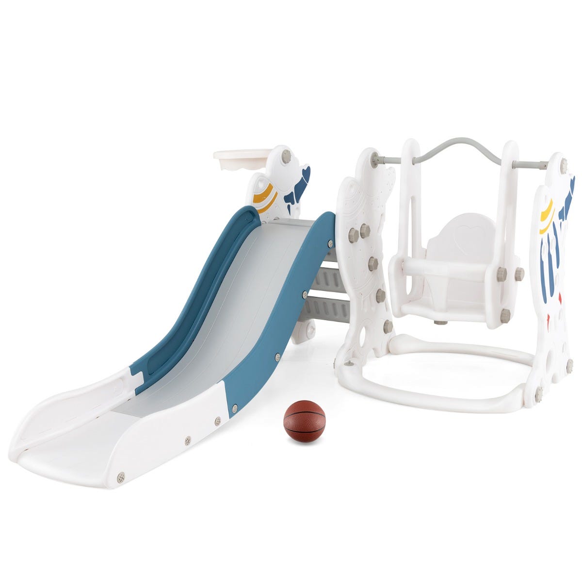 HOMCOM Aire De Jeux 4 En 1 Toboggan Balançoire Pour Enfants - Avec Panier Basketball, Bleu Et Jaune