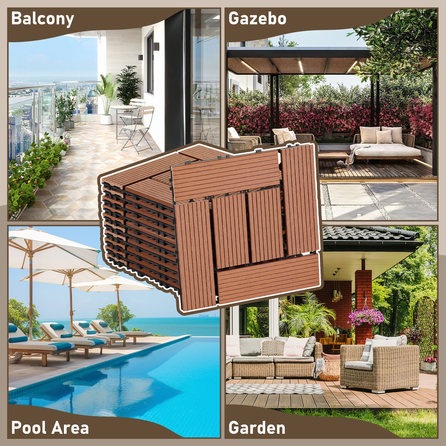 66x Dalles de terrasse en WPC pour balcon et jardin installation sans outil structure adaptée aux grandes aces Marron 30x30CM - 6