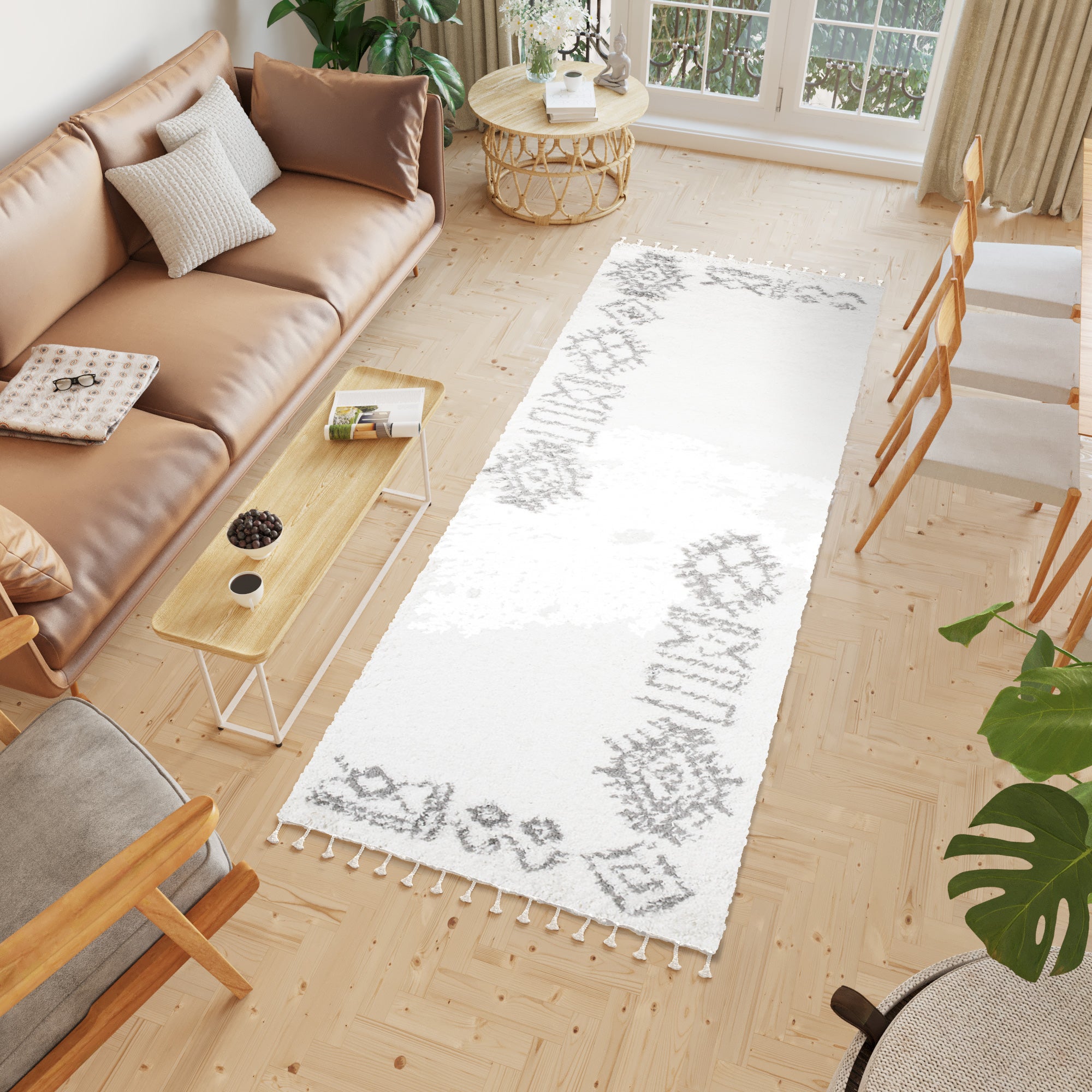 Tapiso boho alfombra de pasillo dormitorio crema gris oscuro étnico flecos suave shaggy 100 x 150 cm