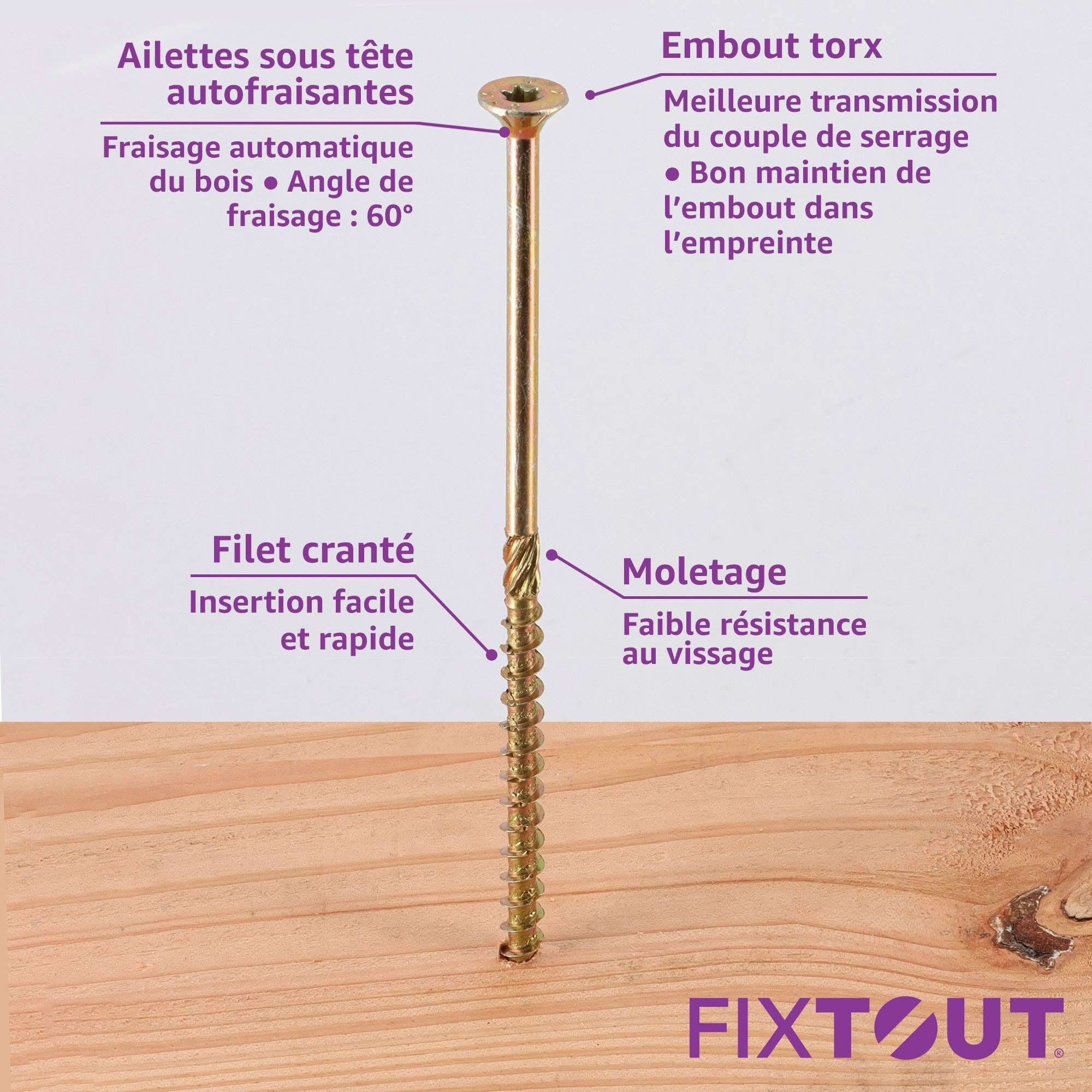 50 Vis bois Torx à tête fraisée plate expert - Acier galvanisé - anti-fendage - moletage de serrage - 300 mm - 3