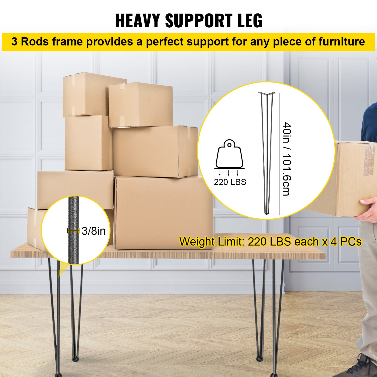 Pieds Table Épingle à Cheveux SucceBuy 40 po Noir Set 4 Capacité 220 lb Chacun 3 Tiges Acier Carbone Banc Bureau Table Salle à Manger - 5