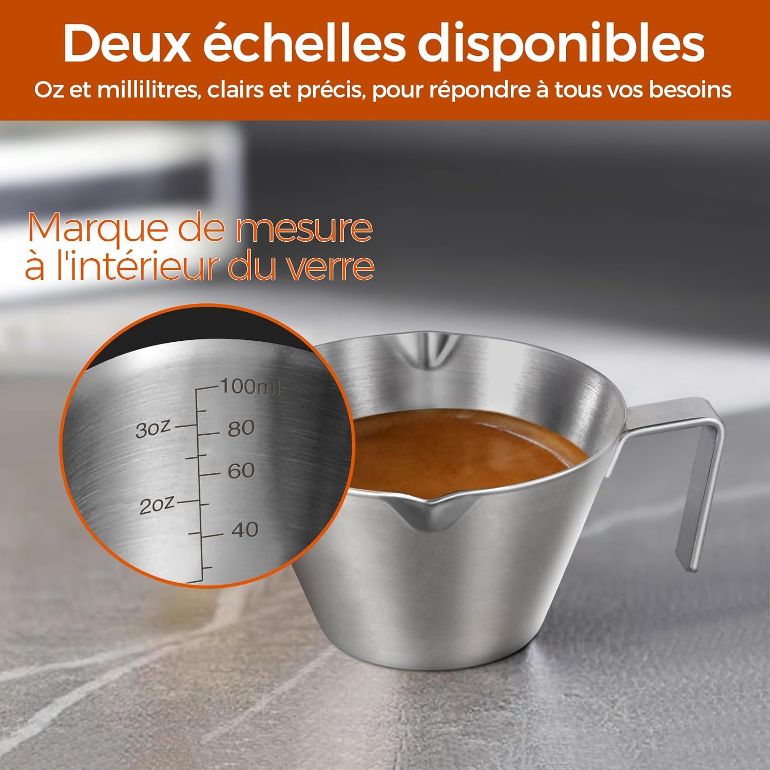 2 Pcs Tasses à Espresso avec Poignée, Accessoires pour Espresso en Acier Inoxydable, Tasse de Mesure Métallique à Bec avec Échelle Double,3.4OZ/100ML