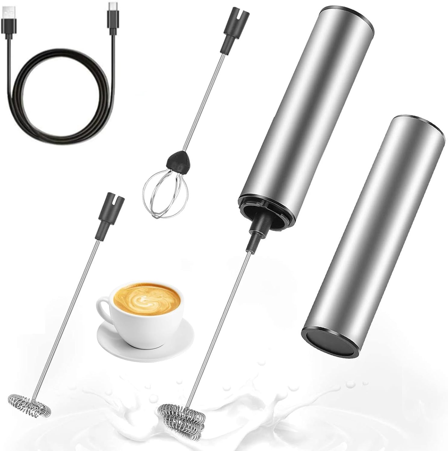 Spieniacz do mleka ze stali nierdzewnej, przenośny elektryczny spieniacz do mleka, mikser z trzepaczką do piany i ładowaniem przez USB, 2 prędkości