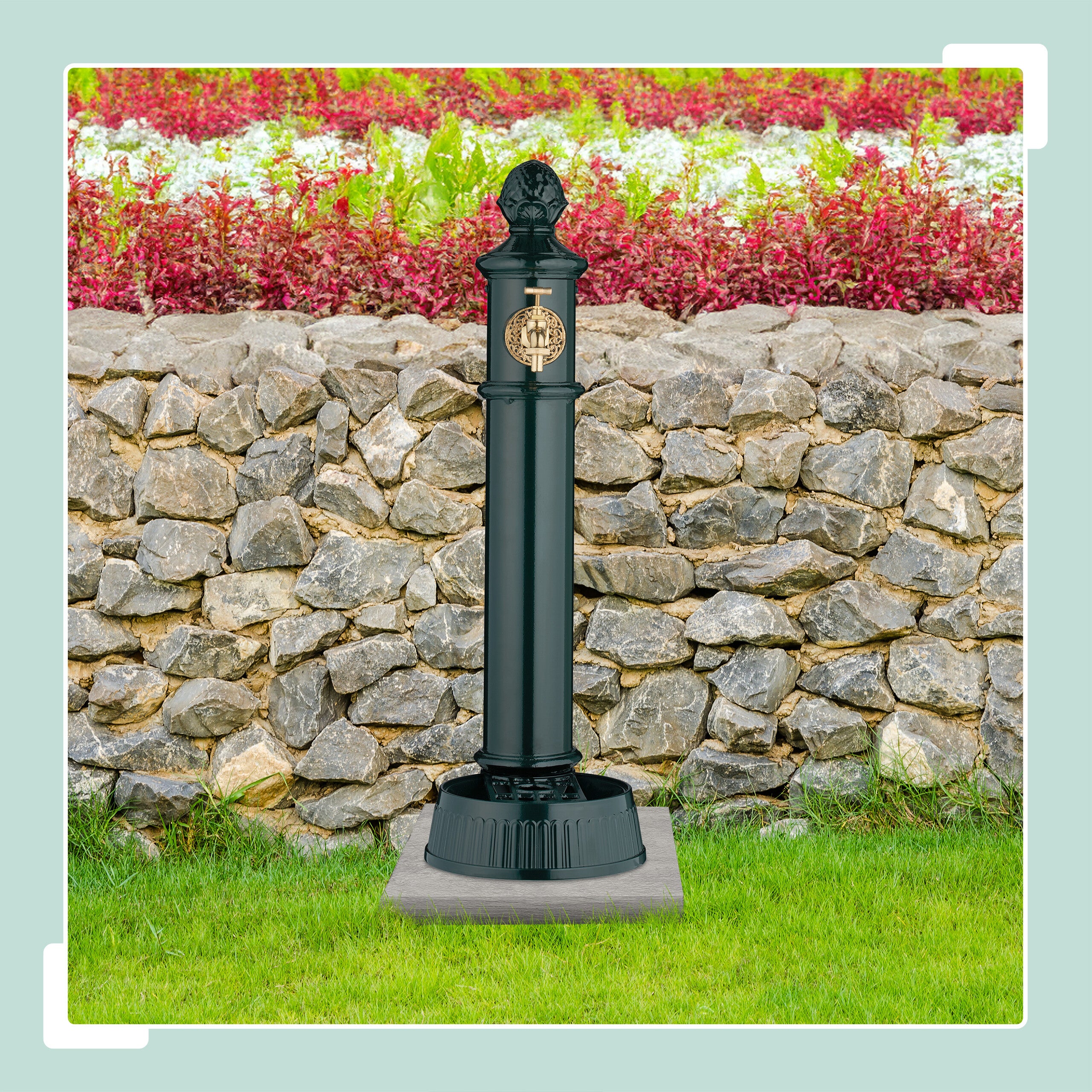 Fontana Da Giardino In Stile Antico Relaxdays - Colonnina In Alluminio E Acciaio, Rubinetto Dorato, 47x14x18.5 Cm