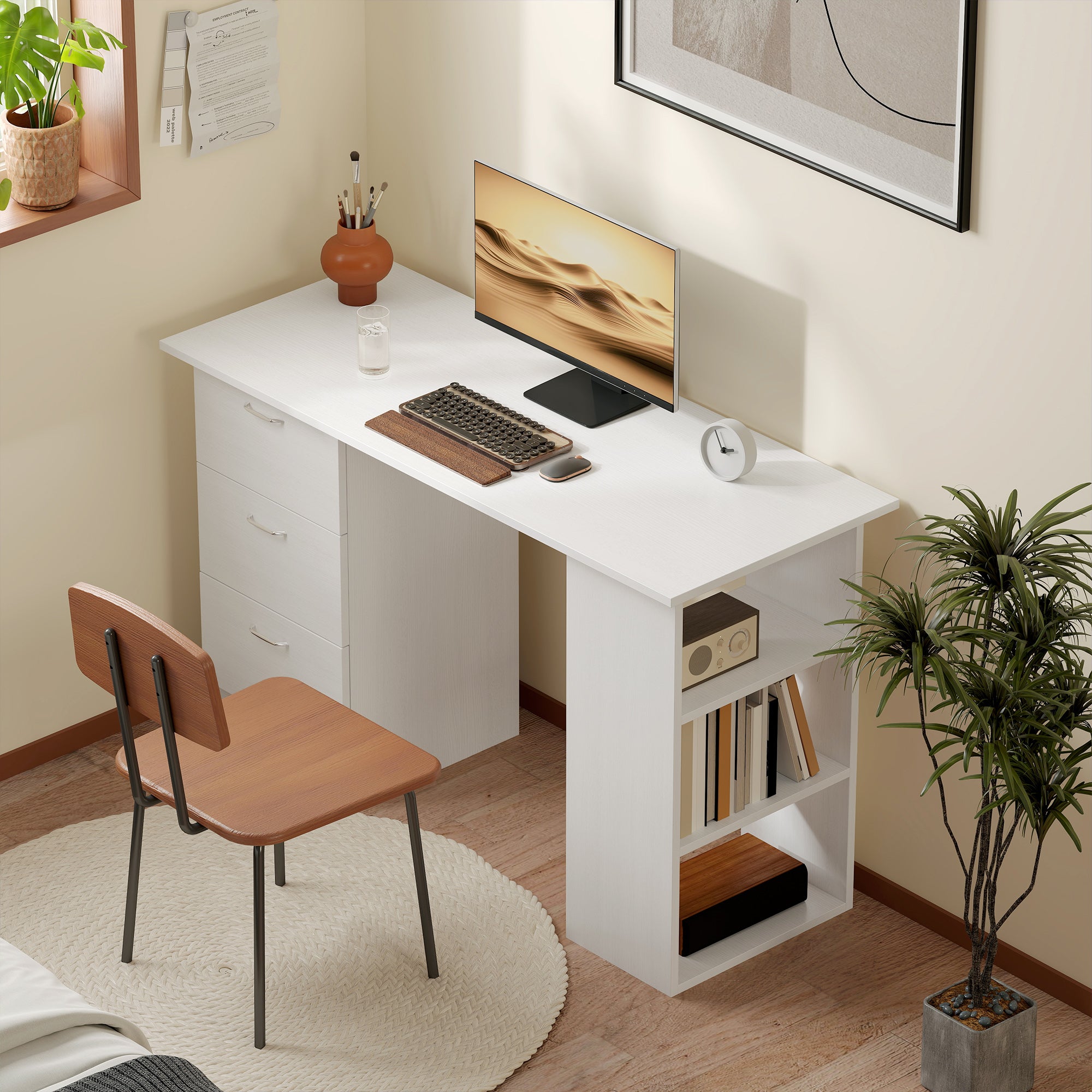 Bureau avec rangement, table informatique 120 x 50 cm, bureau d'ordinateur avec étagères et tiroirs, pour petits espaces, chambre à coucher, blanc - 11