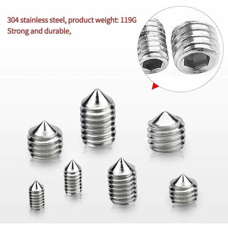 200pcs Vis Pointeau Vis Sans Tête Hexagonale,M3 M4 M5 M6 M8 Tête Conique Acier Inoxydable 304,Vis de pression,Kits de Vis à Six Pans Creux Coupelle - 3