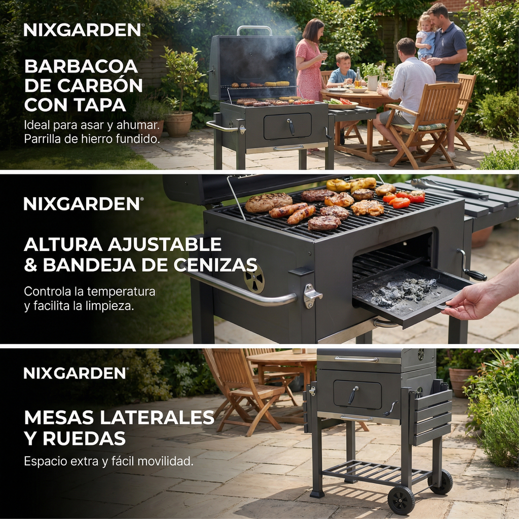 Churrasqueira a carvão com rodas para jardim e terraço com grelha 57x42 cm - 3