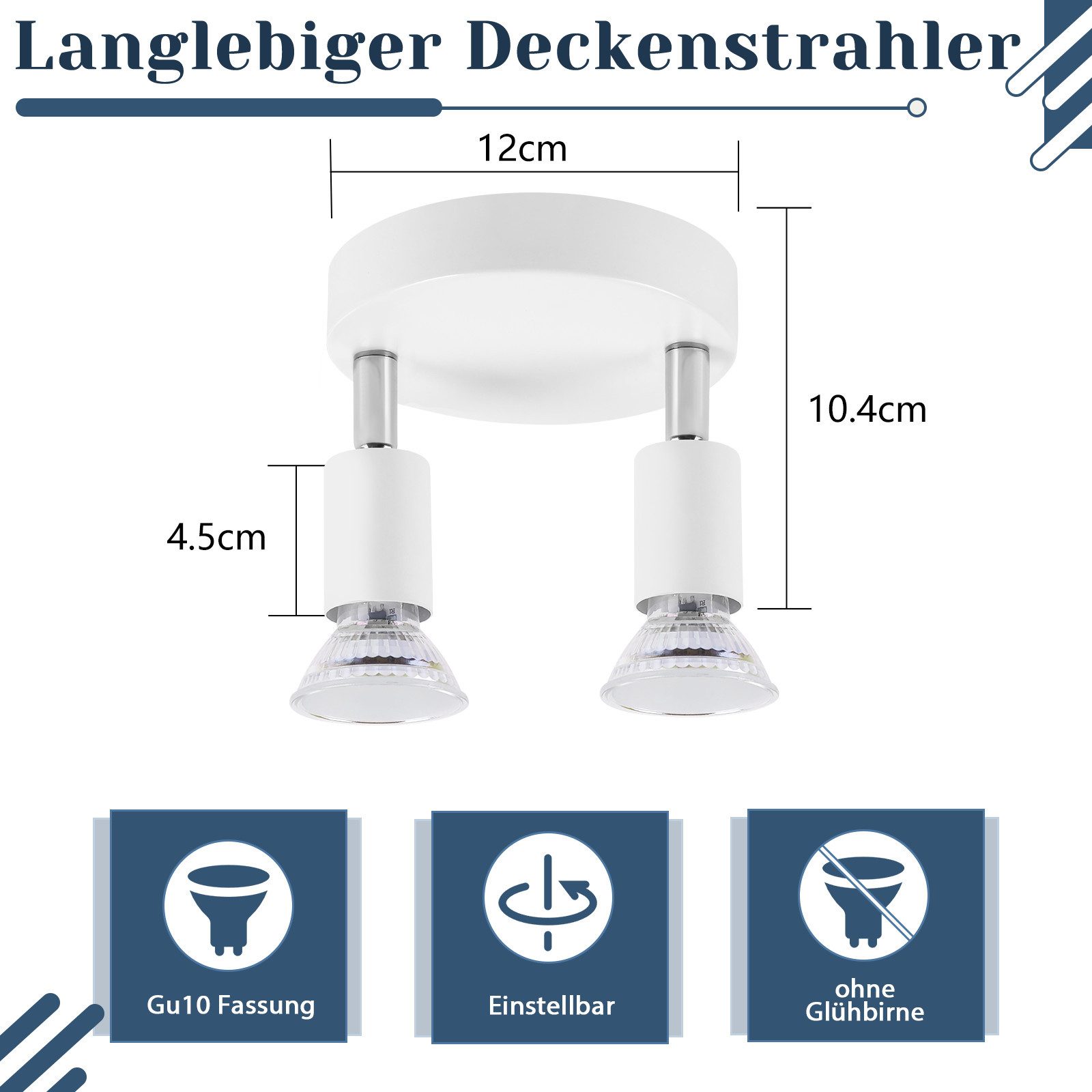NETTLIFE Plafonnier LED GU10 -2 Spots de Plafond Ronde Moderne Spots de Plafond 350° pour Cuisines Couloir Chambre Salon - sans Ampoule Blanc - 4