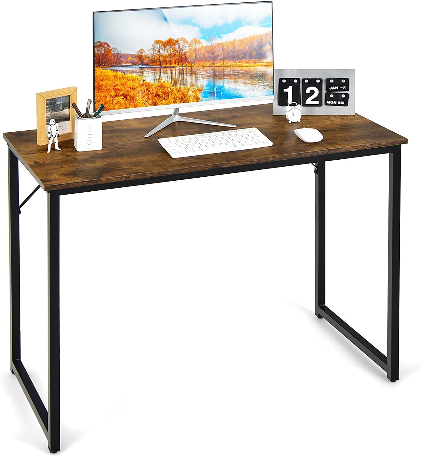 Biurko, mały stolik komputerowy, 100 x 50 x 77 cm, stół biurowy, stół PC, metalowa rama, do domowego biura, gabinetu (rustykalny brąz)