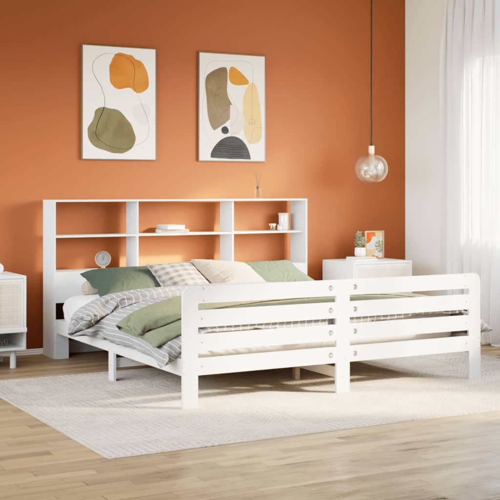 Łóżko Drewniane z Regałem Rama Łóżka Ze Stelażem Biała 180x200 cm