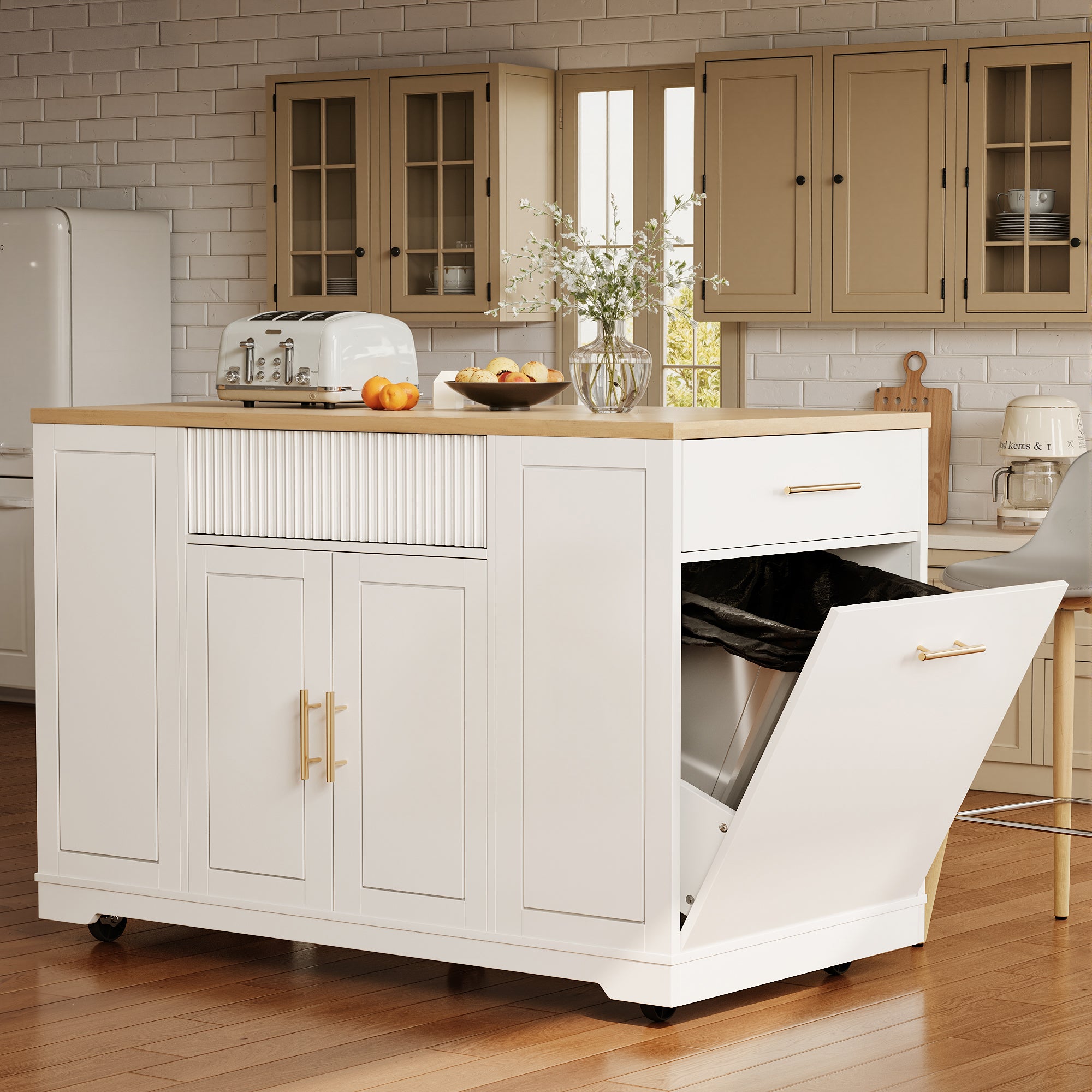 Îlot central de cuisine mobile avec 2 portes, 3 tiroirs et compartiment poubelle - 120 x 50 x 92 cm - MDF + Métal - Blanc - 5