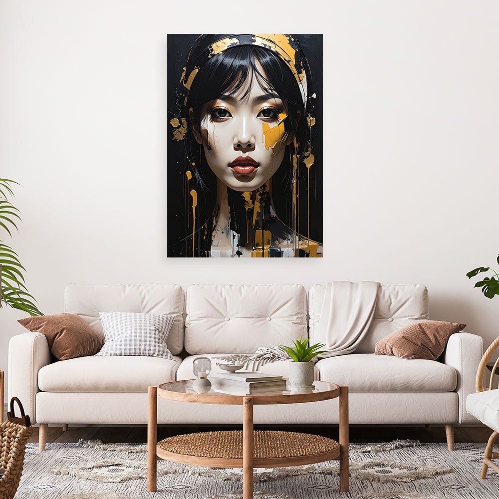 Obraz do salonu sypialni, Portret kobiety w złocie nowoczesna dekoracja glamour na czarnym tle 80x120 - 2