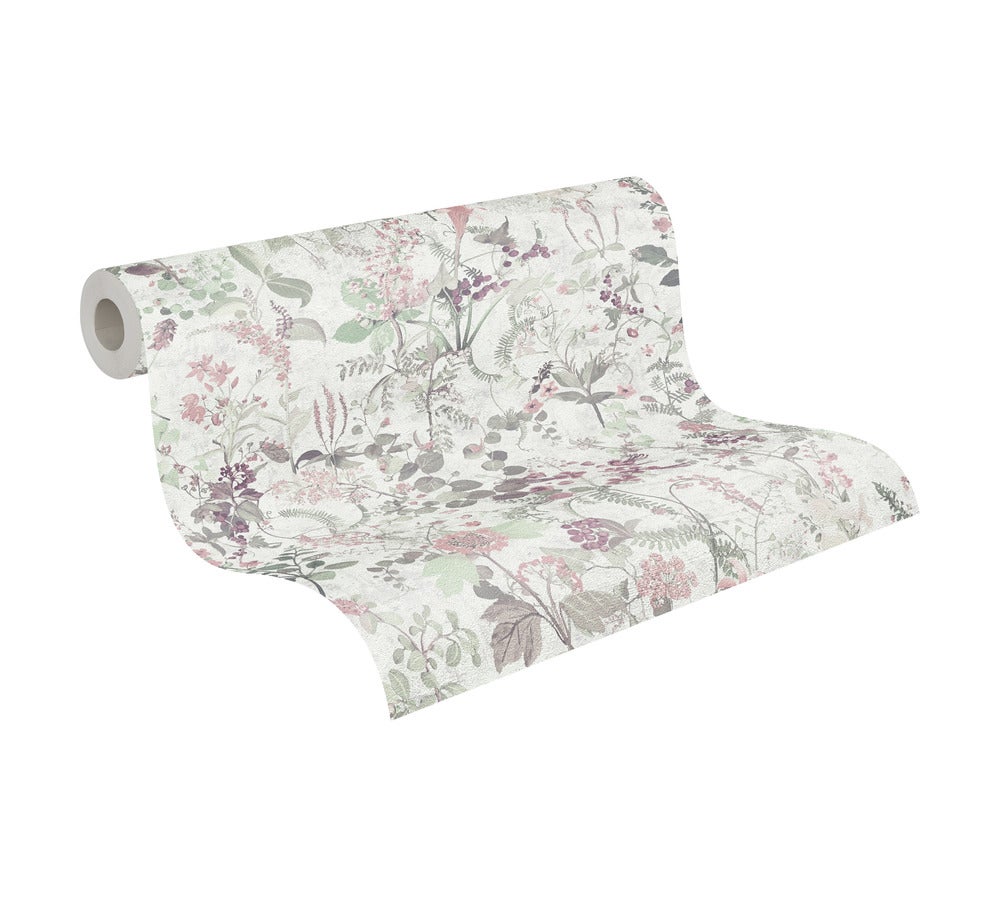 Papel pintado flores casa de campo tejido no tejido Papel pintado beige verde y rosa para cocina y salón, 10,05 x 0,53 m - 7