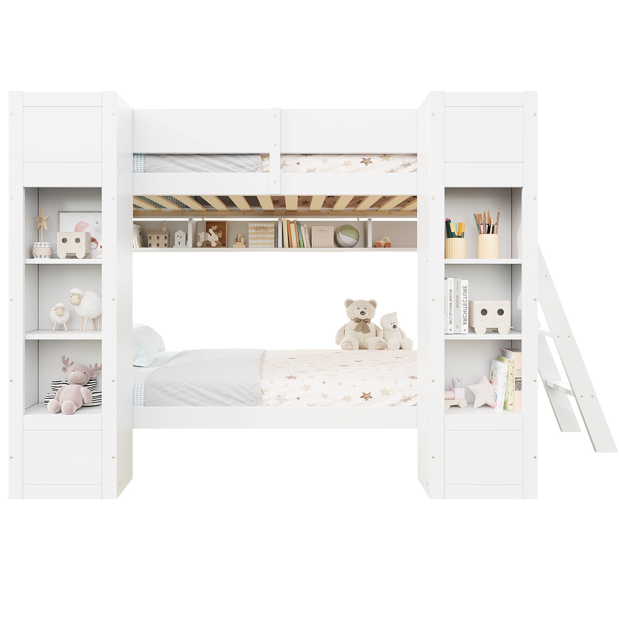 Lit superposé 2 places multifonction 90x200 cm avec 2 armoires frontales et étagère suspendue, lit superposé enfant avec barrière de sécurité - blanc - 6