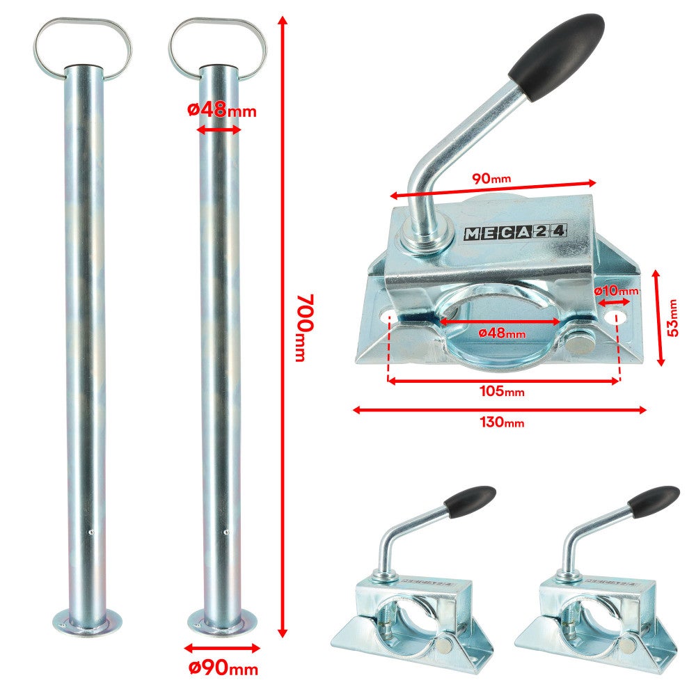 Béquilles de support pour remorque x2 + brides de fixation x2 - Hauteur 700mm - Dia 48mm - Acier galvanisé - Pied stabilisation - 3