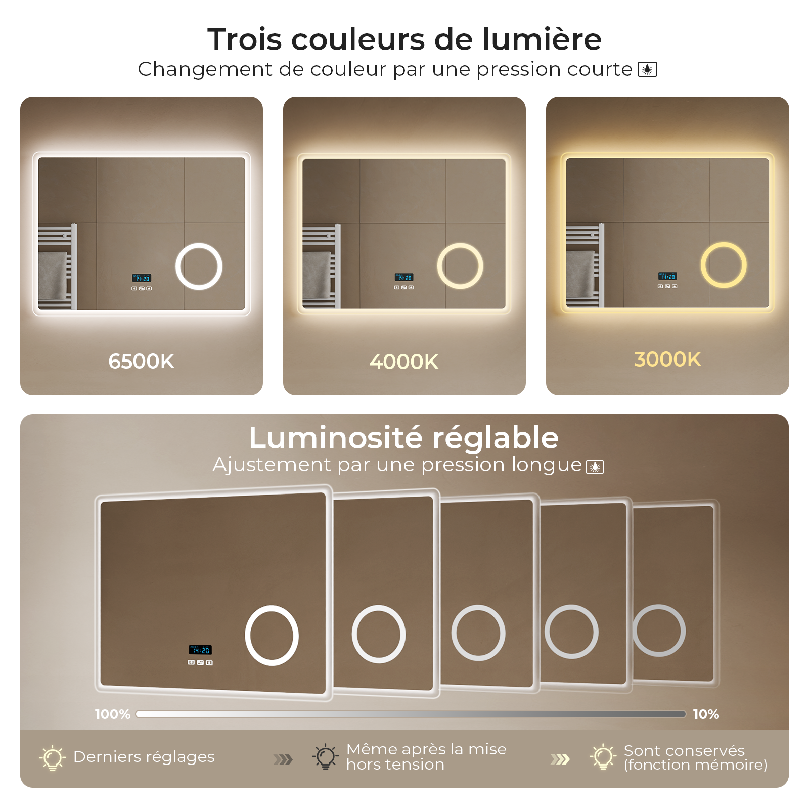 Lustro łazienkowe LED Bluetooth 100 × 60 cm – prostokątne, 3× powiększające, przeciwmgielne, dotykowy włącznik, 3000/4000/6500 K - 2