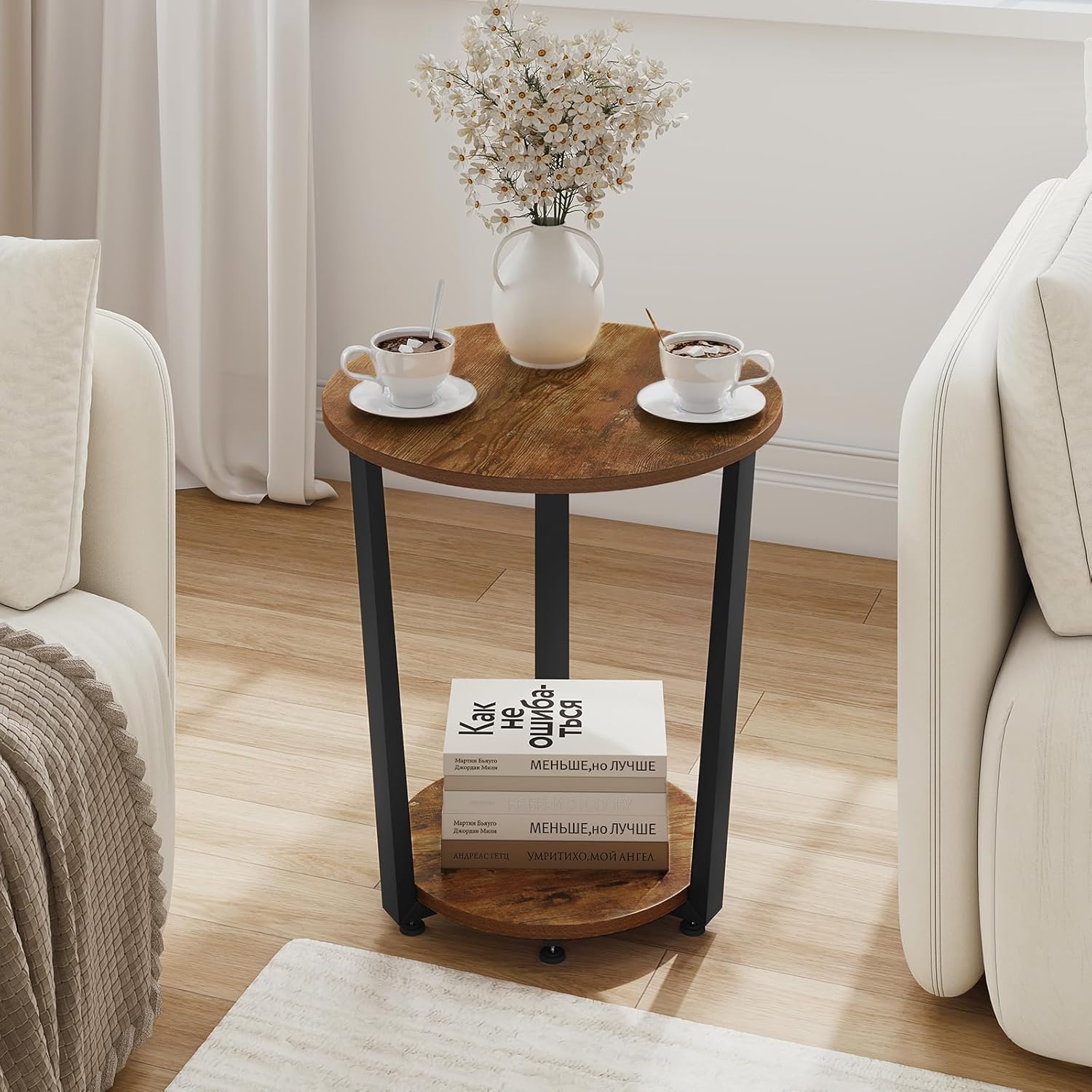 WOLTU Table Basse Ronde,Table d'Appoint à 2 Étagères,Bout de Canapé,Table de Chevet,en Bois Composé et en Métal,Marron Rustique - 2