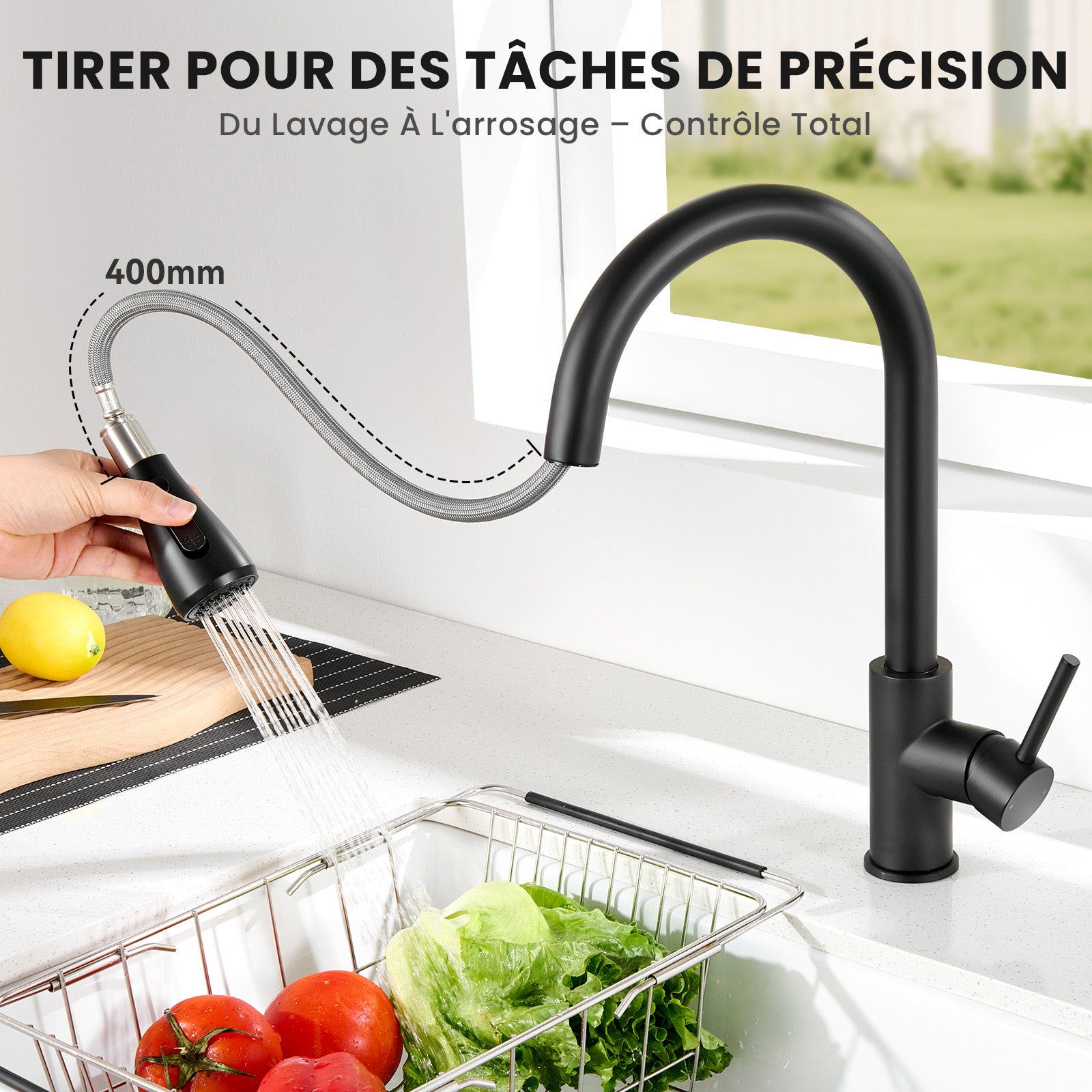 Mitigeur de Cuisine avec Douchette Extractible - Robinet Cuisine Noir Mitigeur d'Évier avec 2 Modes de Sortie D'eau - 2