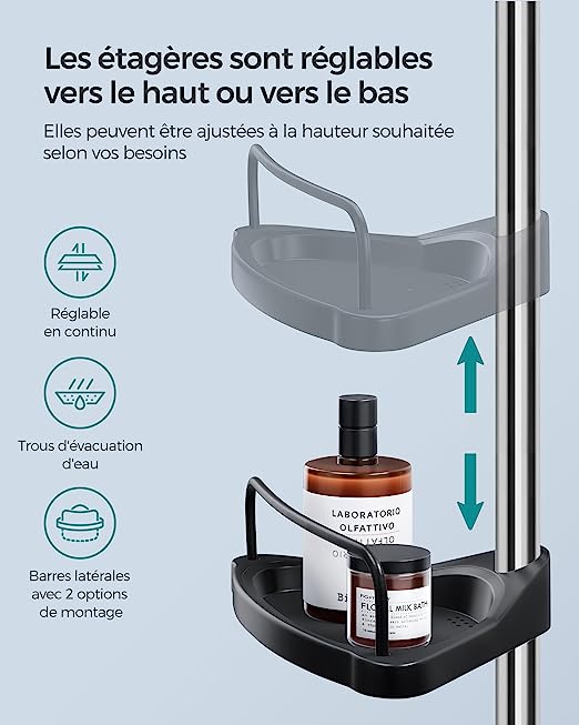 Étagère de Douche Réglable en Hauteur, Hauteur Totale 95-300 cm, en Inox, 4 Niveaux, 3 Crochets, Argent et Noir - 4