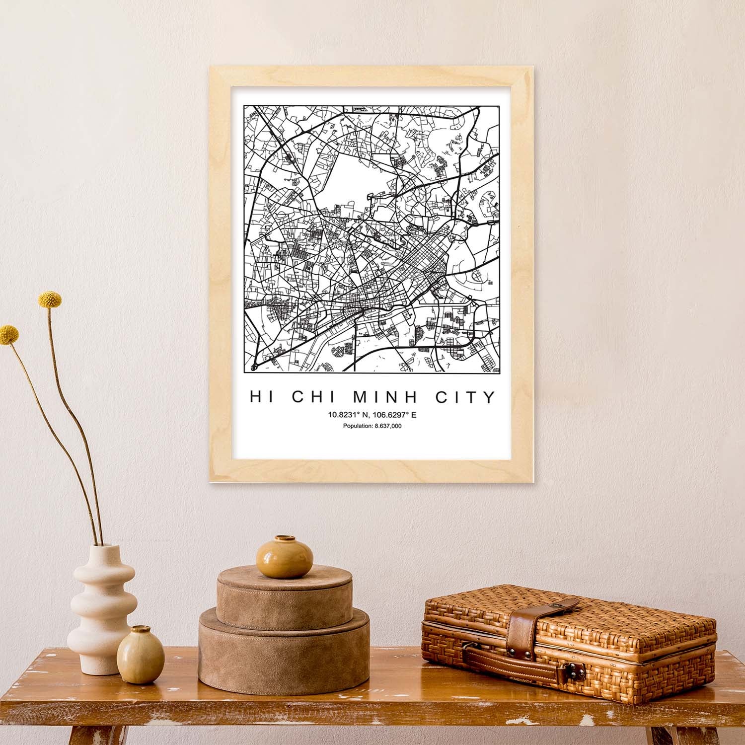 Lámina mapa de la ciudad hi chi minh estilo nordico en blanco y negro. sin marco - a4