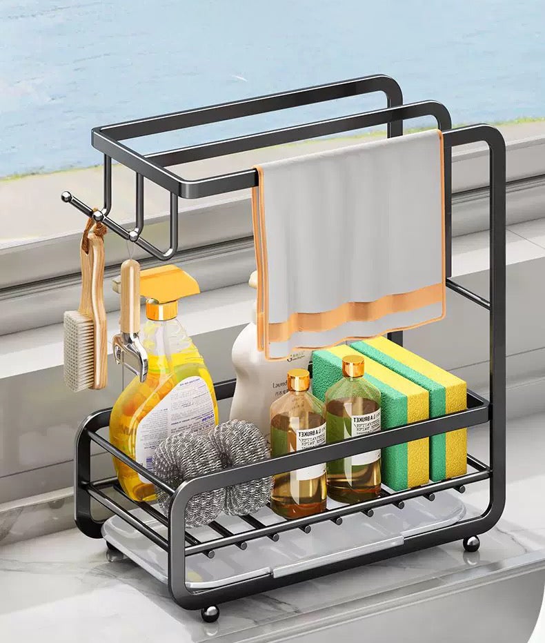 Uchwyt na gąbkę i ściereczki kuchenne, nie wymaga wiercenia, do blatu roboczego - model A, czarny, do przechowywania przyborów kuchennych