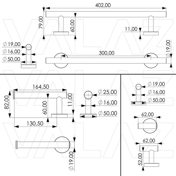 Porte-serviettes de salle de bain en or brossé 30 cm + porte-rouleau de papier toilette - 1 cintre - 8