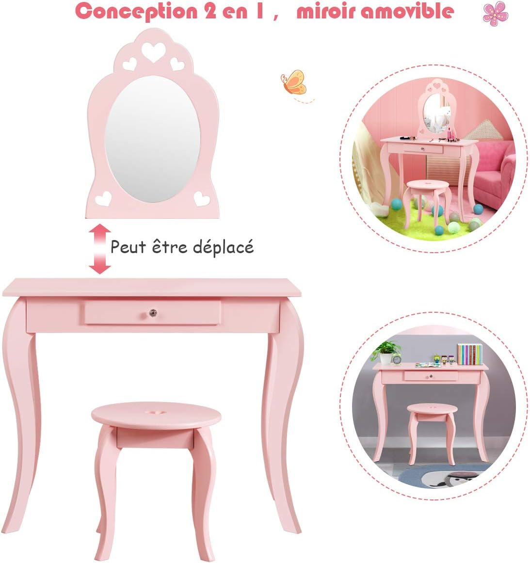 Toeletta Trucco per Bambina, Specchiera per Ragazzi in Legno Robusto, Postazione Trucco 2 in 1 con Cassetto, Sgabello e Specchio Staccabile, 7 - 6