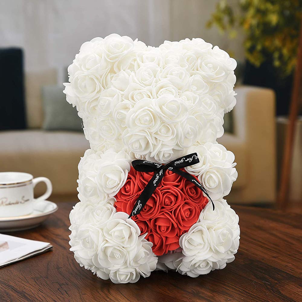 Ours en Roses Blanc avec Cœur Rouge, Ours de Fleurs LED 25cm, Cadeau Romantique pour Elle, Anniversaire, Fiançailles, avec Boîte & Carte, Fait Main - 4