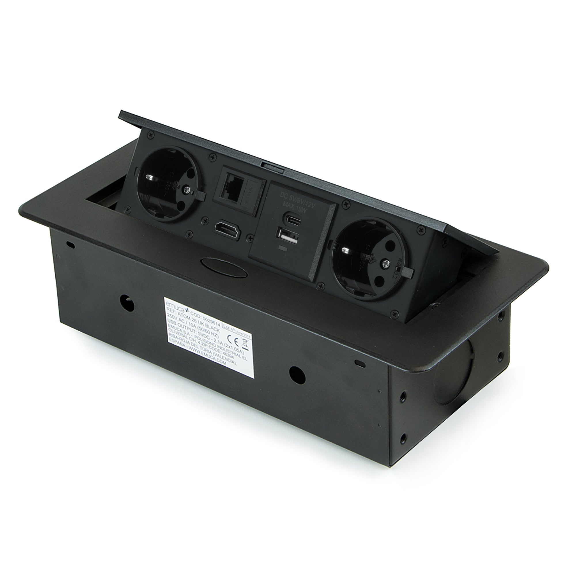 Emuca Listwa zasilająca biurkowa Atom 26, 225x111 mm, 2 gniazda Schuko, 1 USB typu A, 1 USB typu C, 1 RJ45, 1 HDMI, Znal-stal-plastik, Czarny