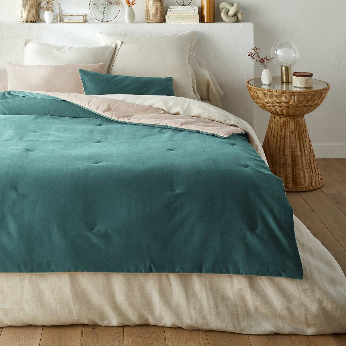 Edredon matelassé velours coton lin uni, Velvet - Vert canard - 90 x ...