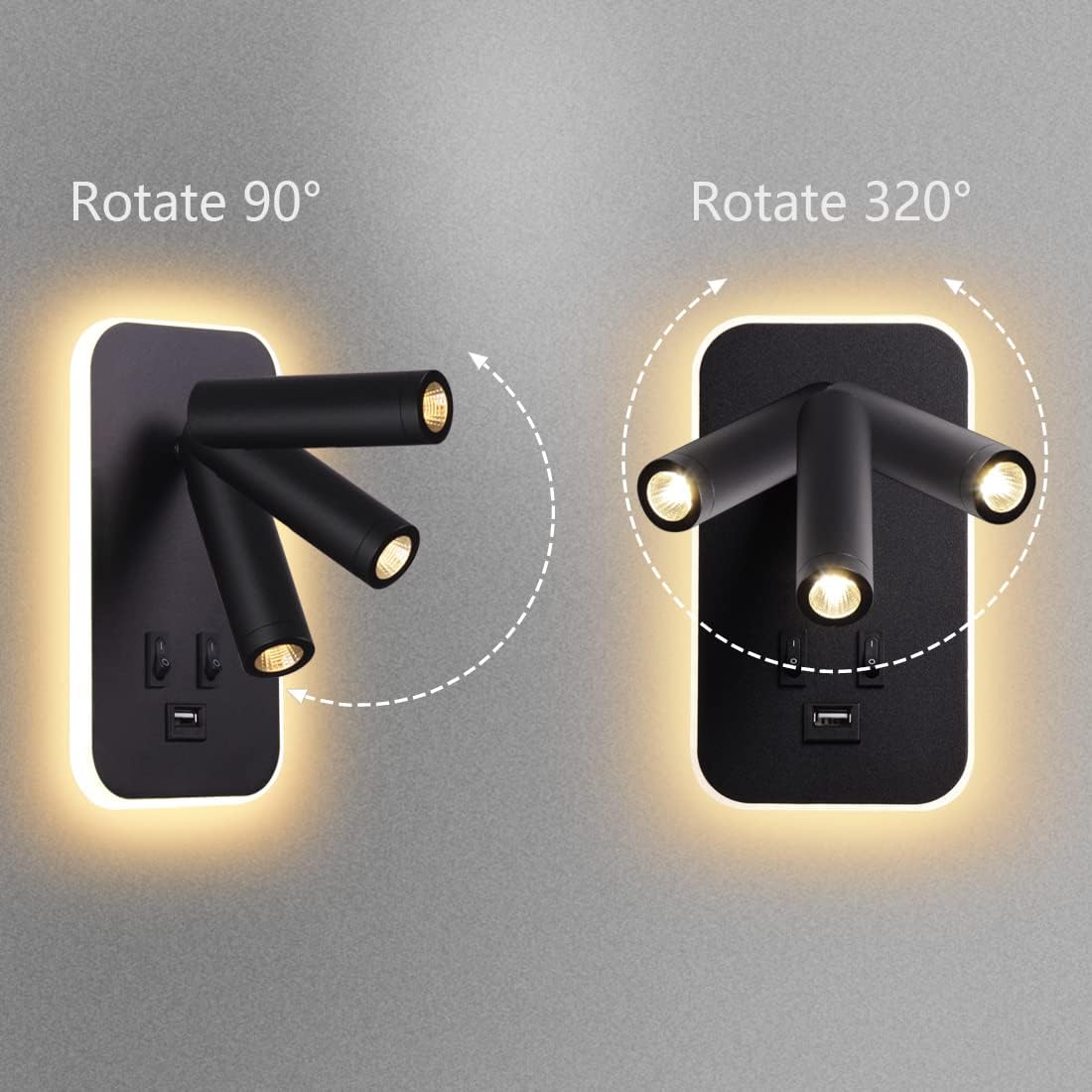 Applique murale LED, liseuse de chevet avec interrupteur, port de charge USB, éclairage d'ambiance de chambre à coucher Spot réglable Noir - 3
