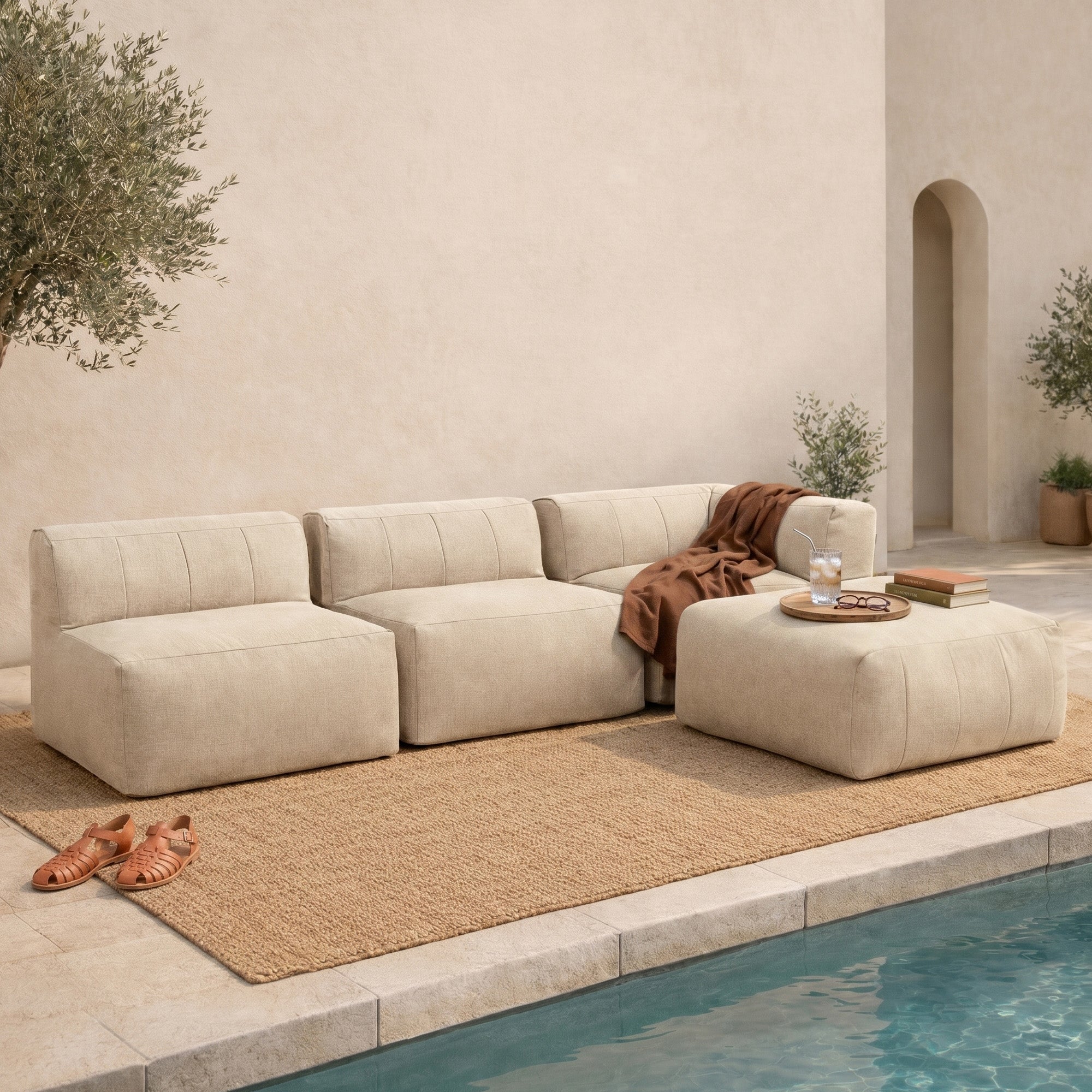 Pouf repose-pieds Icon de jardin modulable en oléfine Oeko-Tex® imperméable beige, 95x95x46cm - 9