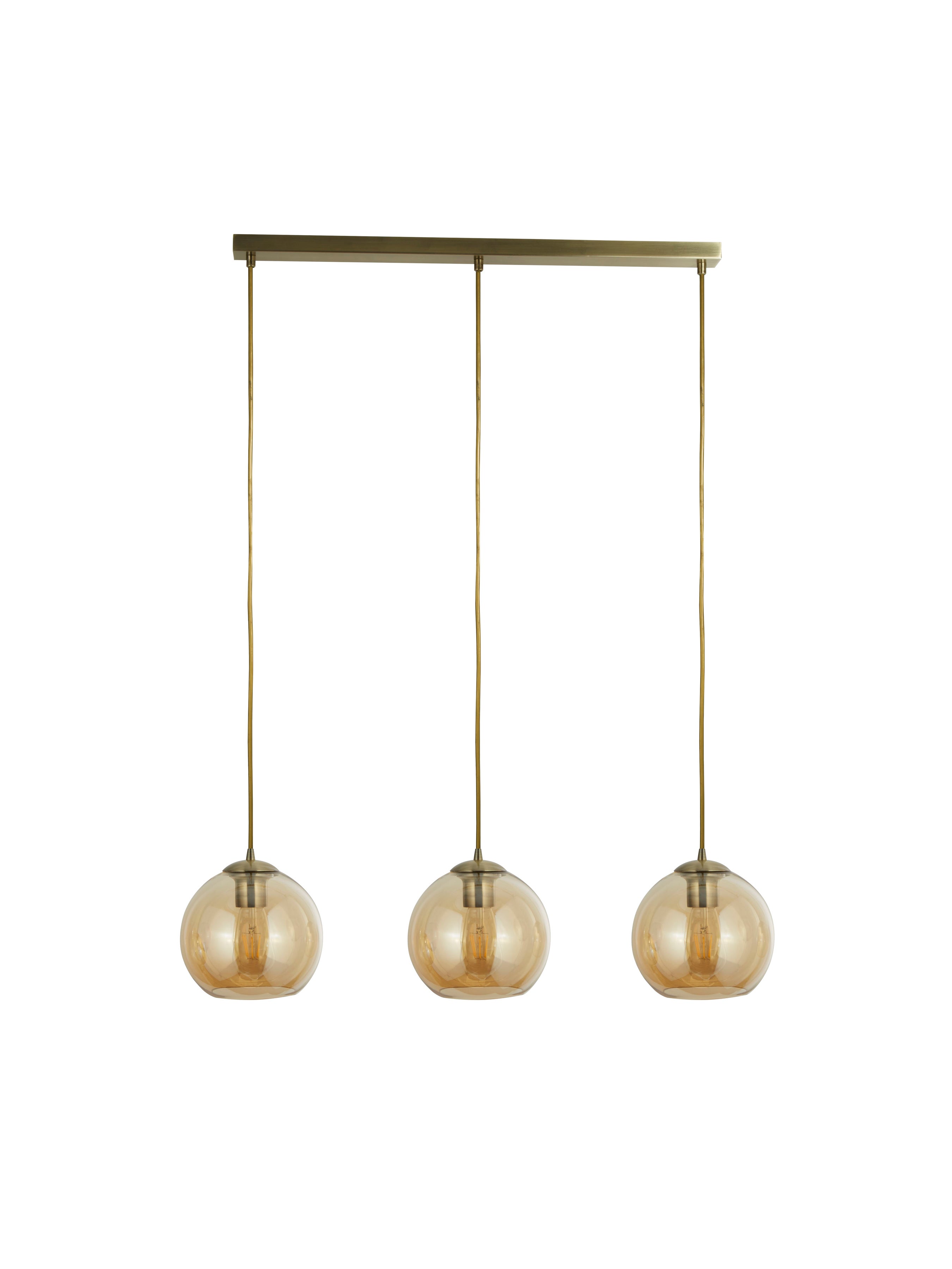 Suspension BALLS 3L Barre, métal Laiton antique avec verre ambré E27 3x60w Haut 150cm Lg 86cm - 2