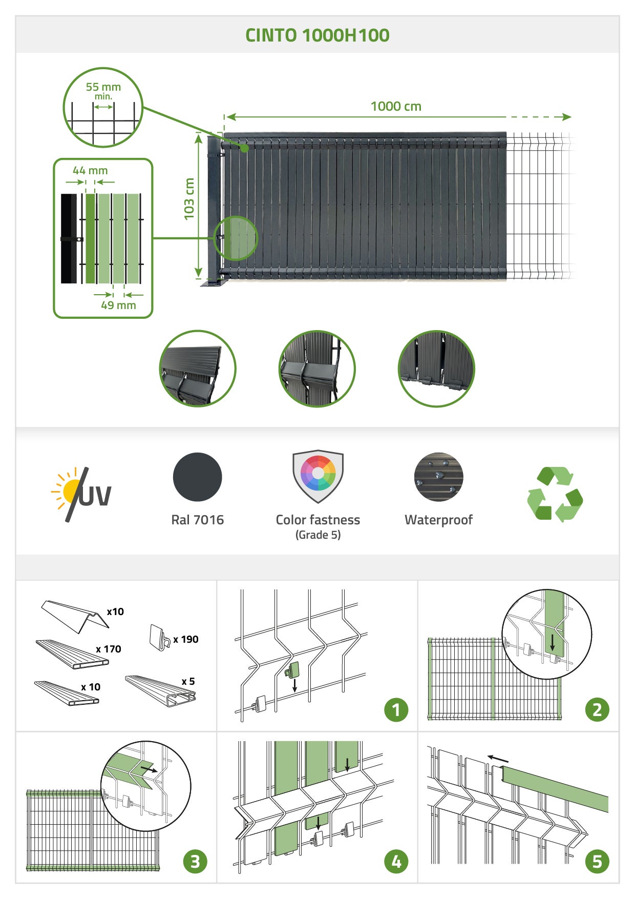 Kit lamelles occultantes PVC 10m CINTO H.100cm Gris - avec clips et profil de finition - 2