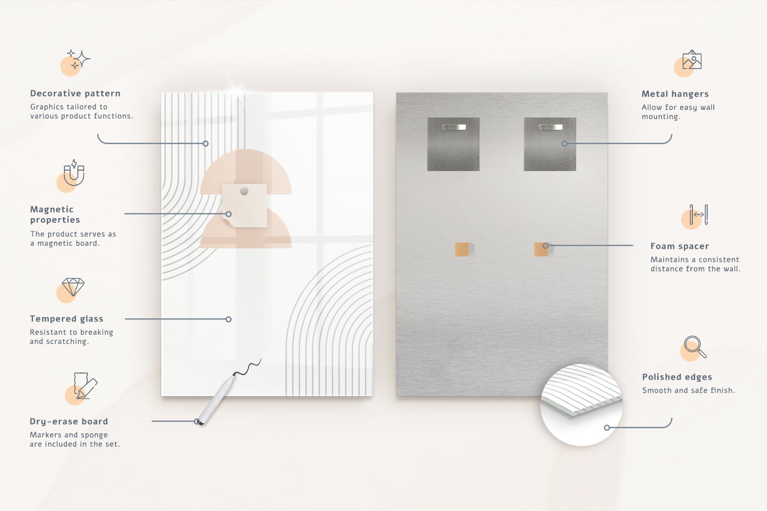 Tableau magnétique mural, Tulup - 120x60 cm - Mur foncé avec motif, 5 aimants, une éponge, un marqueur blanc - 5