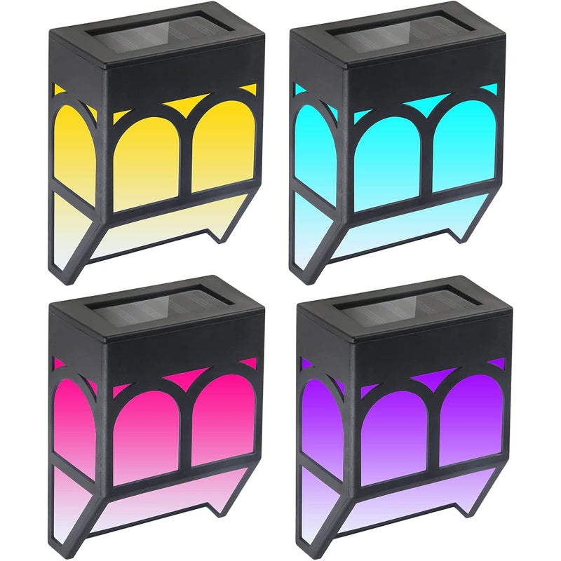 Zestaw 4 lamp solarnych do ogrodzeń zewnętrznych, solarnych lamp ściennych LED, wodoodpornych, 2 tryby oświetlenia (ciepłe białe światło i zmieniając