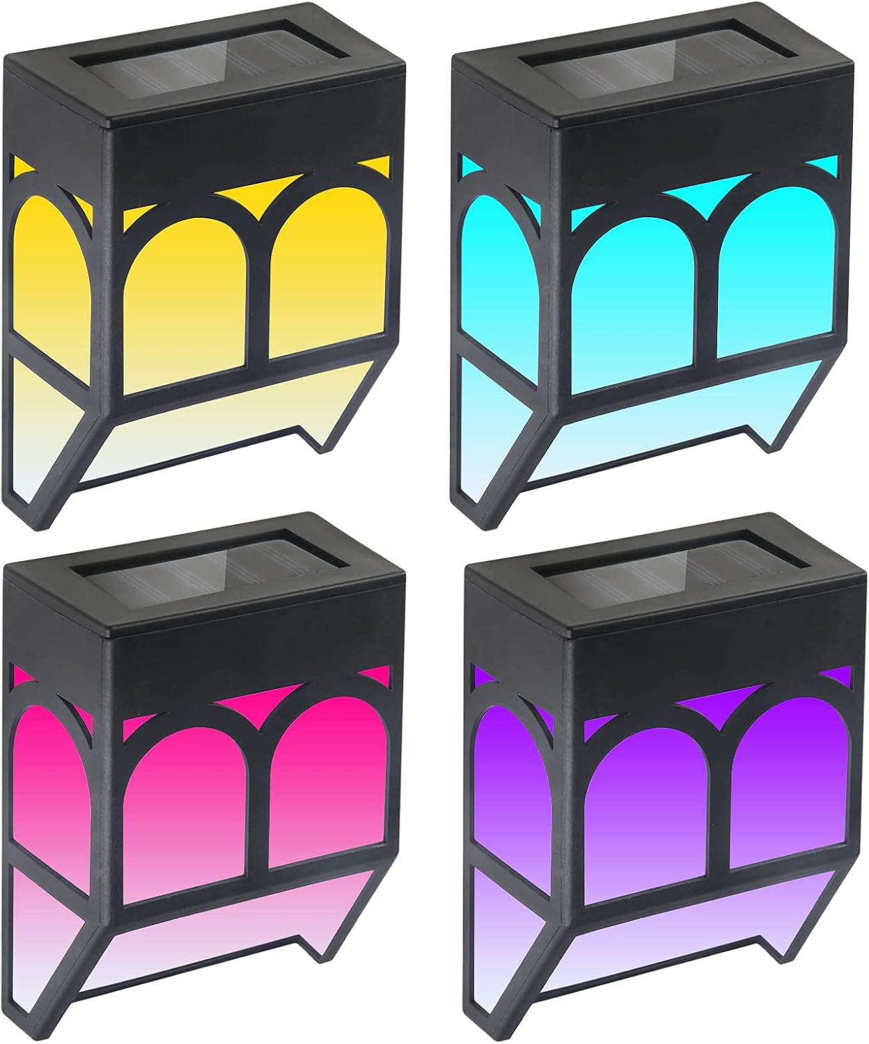 Zestaw 4 lamp solarnych do ogrodzeń zewnętrznych, solarnych lamp ściennych LED, wodoodpornych, 2 tryby oświetlenia (ciepłe białe światło i zmieniając