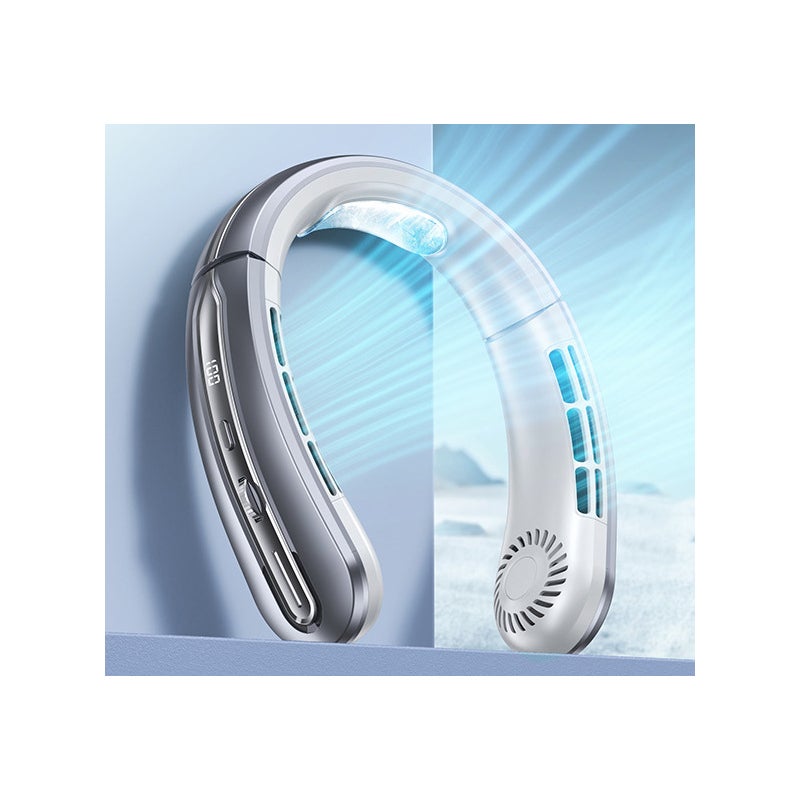 Letni szary przenośny wentylator na szyję prędkość wiatru wyświetlacz cyfrowy ładowanie przez USB odpowiedni do uprawiania sportów świeżym powietrzu