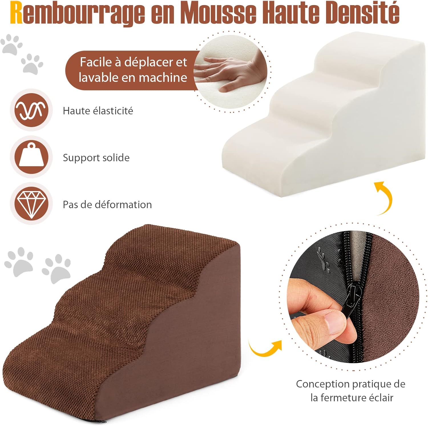 Escalier pour Animaux à 3 Marches en Mousse Haute Densité avec Brosse de Nettoyage, 58 x 42 x 40 cm - 7