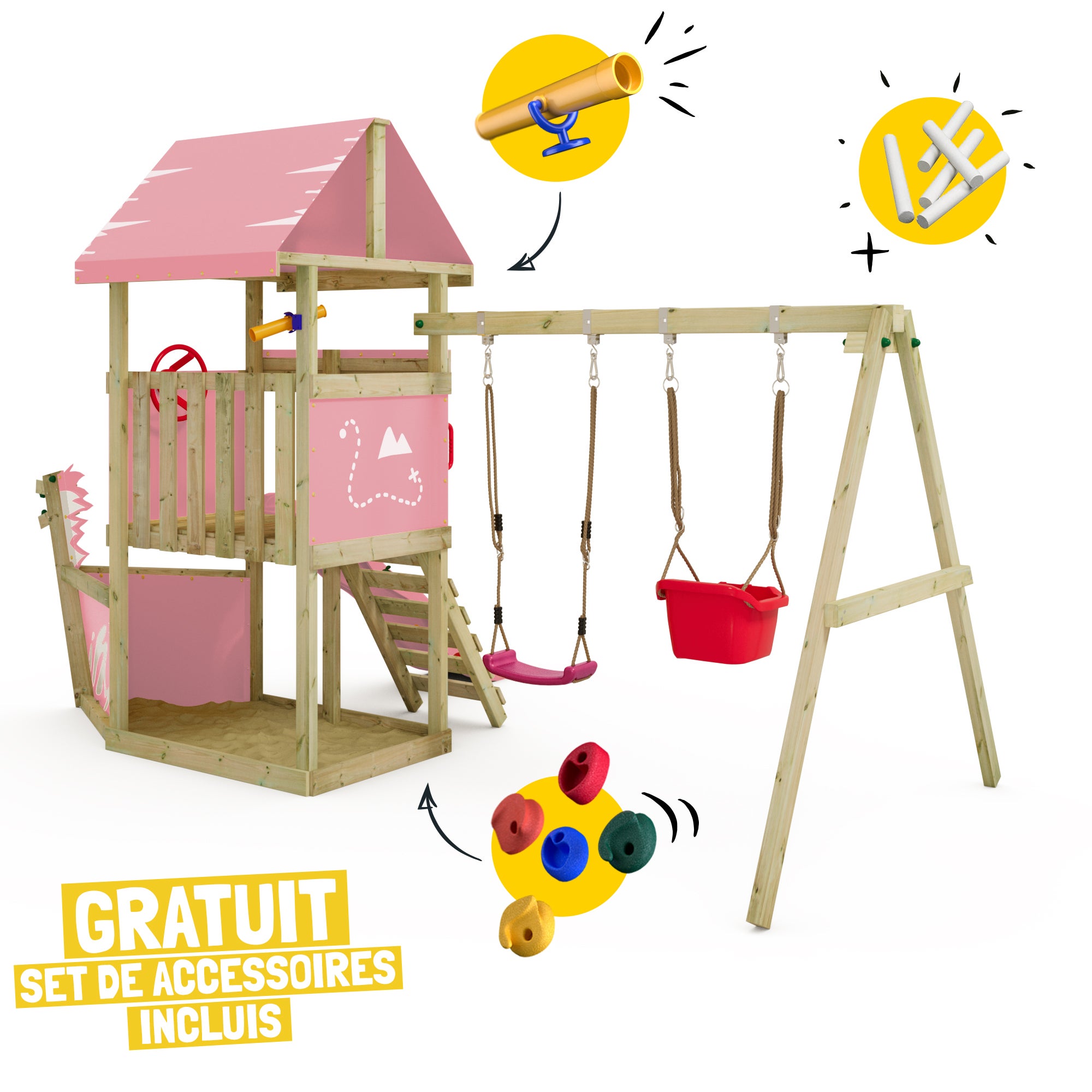 Wickey VanillaFlyer – Aire De Jeux En Bois Avec Portique, Balançoire, Toboggan, Bac à Sable – Vert Pastel – Jardin