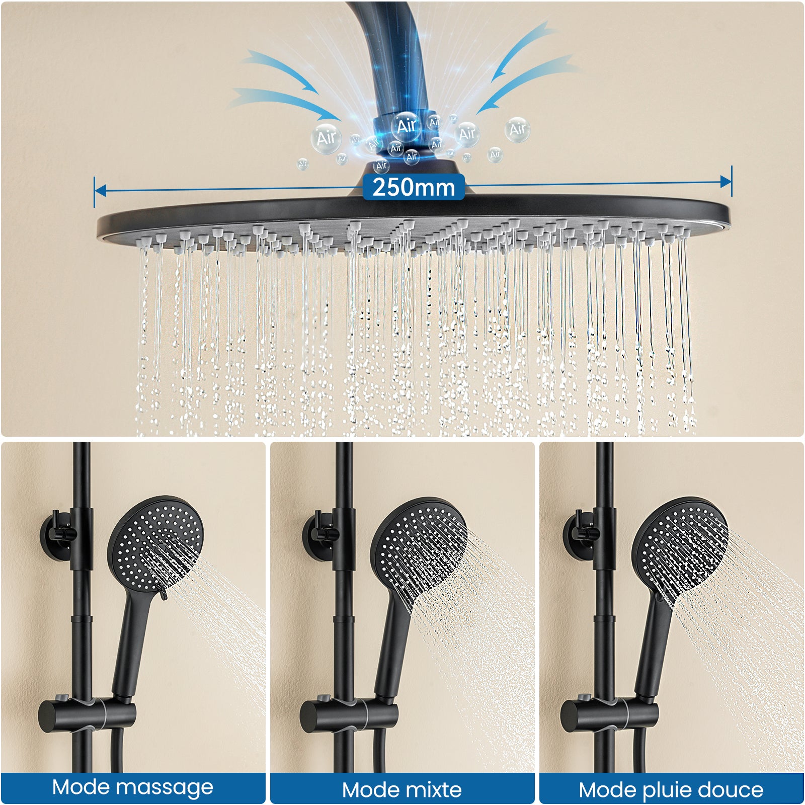 Sistema ducha con grifo mezclador latón,columna ducha altura ajustable,cabezal de ducha redondo de 25 cm y ducha mano 3 chorros,inoxidable,negro. - 2