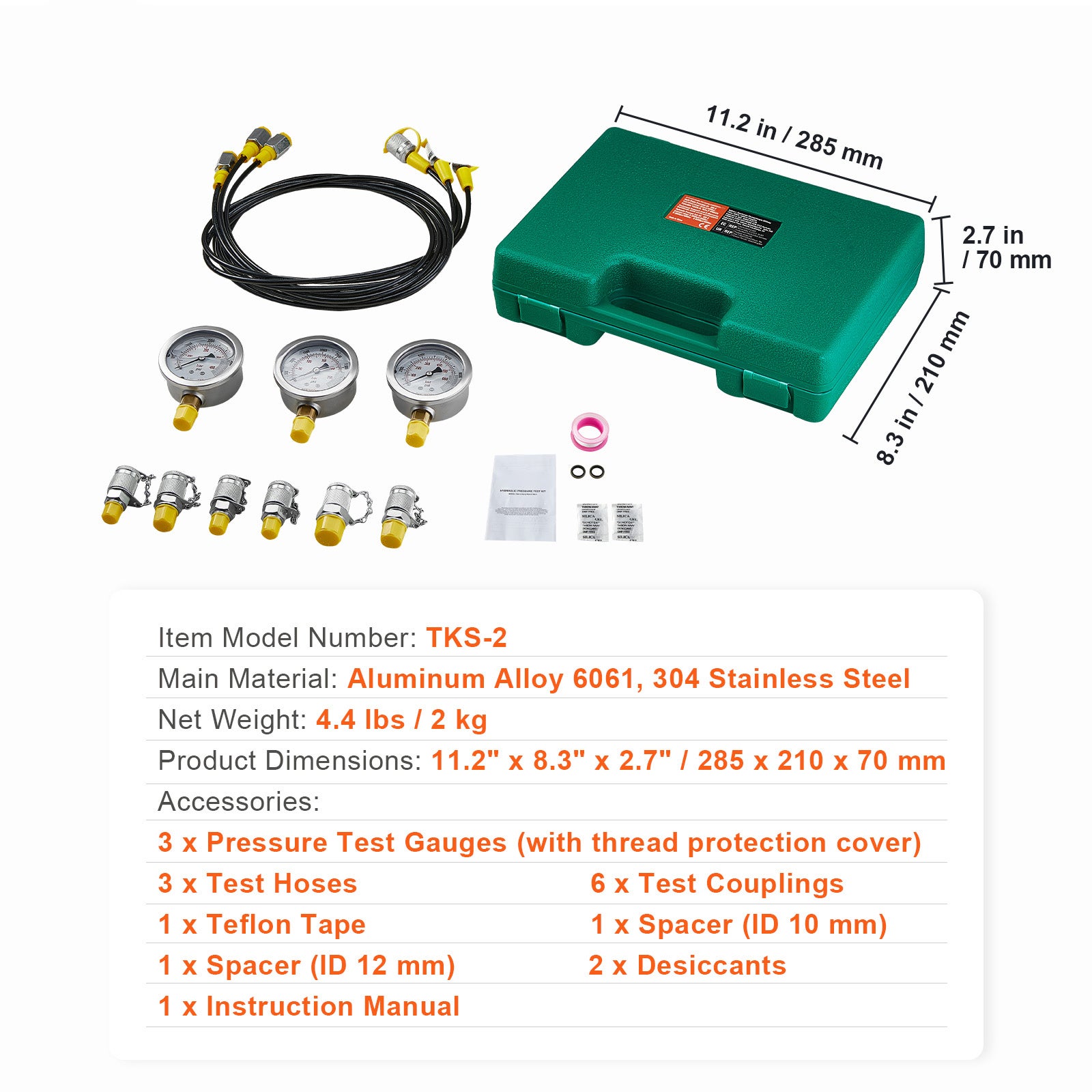 Kit de test de pression hydraulique,SucceBuy 250/400/600 bar,3 manomètres,6 raccords,3 tuyaux,kit pour excavatrice,mallette portable - 9