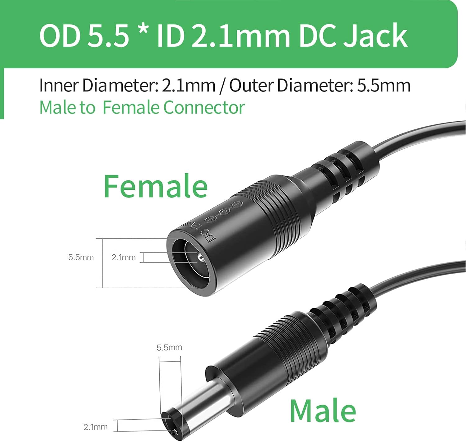 Lot de 2 câbles d'extension d'alimentation CC 5 m - Prise 5,5 mm x 2,1 mm - Prise mâle vers Femelle - DC 5 V 6 V 9 V 12 V 24 V - pour caméras - 5